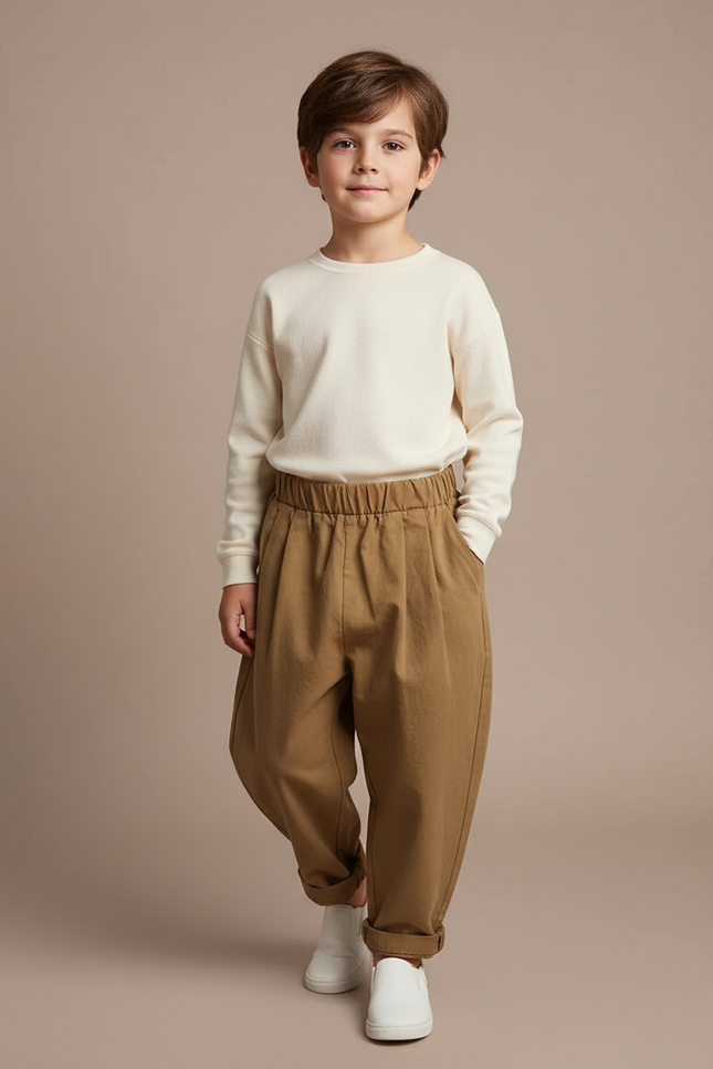 Pantalon Marron Ample Coton Plissé Taille Élastique