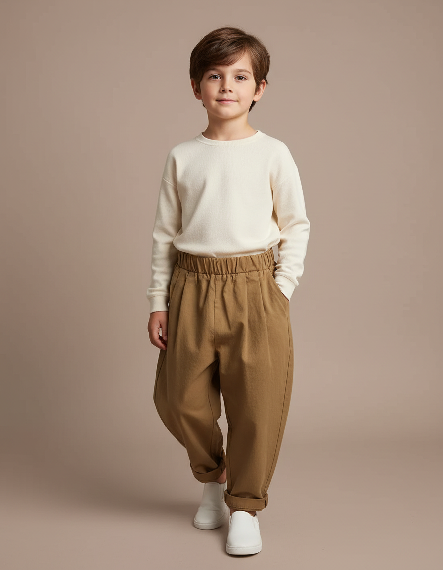 Pantalon Marron Ample Coton Plissé Taille Élastique