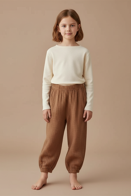 Pantalon Marron Ample Coton Gaufré Confortable Enfant