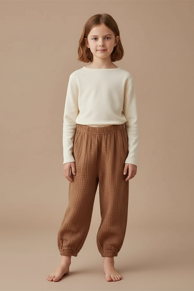 Pantalon Marron Ample Coton Gaufré Confortable Enfant