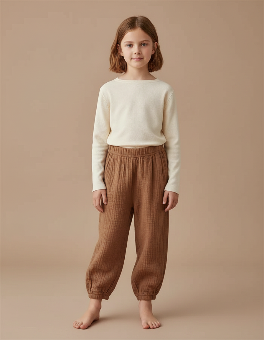 Pantalon Marron Ample Coton Gaufré Confortable Enfant