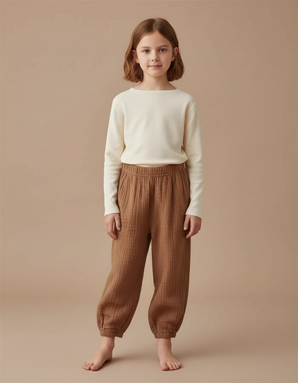 Pantalon Marron Ample Coton Gaufré Confortable Enfant