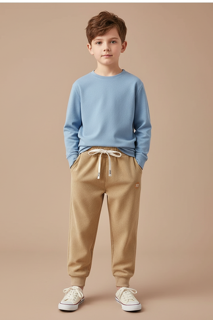 Pantalon Marron Molletonné Confortable Décontracté Cordon Enfant - Beige