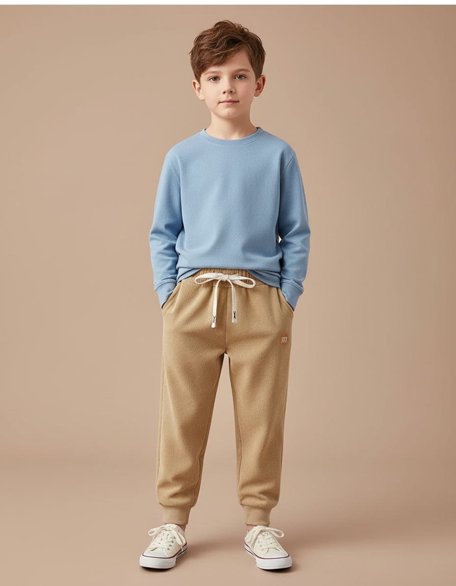Pantalon Marron Molletonné Confortable Décontracté Cordon Enfant - Beige