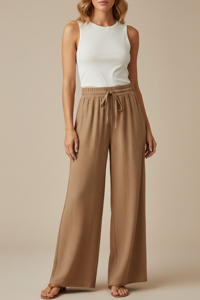 Pantalon Marron Fluide Ample Texturé Cordon Femme - Maille