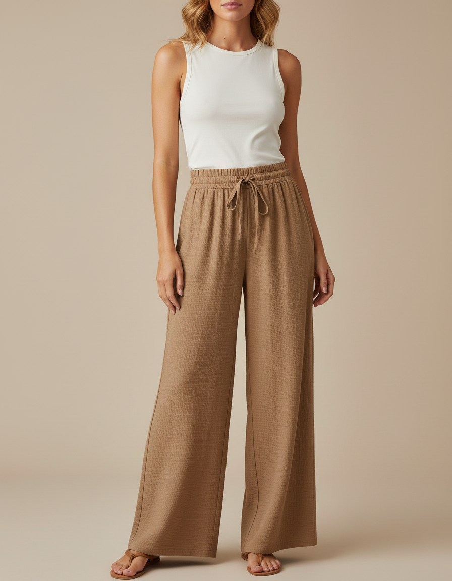 Pantalon Marron Fluide Ample Texturé Cordon Femme - Maille