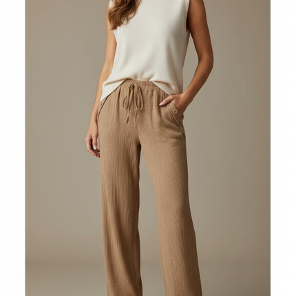Pantalon Marron Ample Côtelé Droit Décontracté Confortable - Cordé