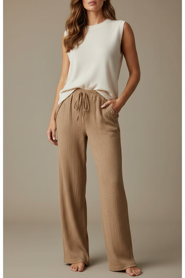 Pantalon Marron Ample Côtelé Droit Décontracté Confortable - Cordé