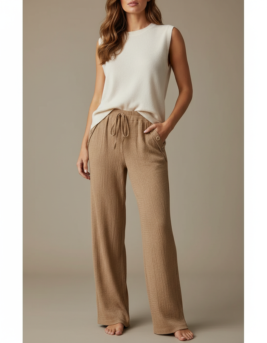 Pantalon Marron Ample Côtelé Droit Décontracté Confortable - Cordé