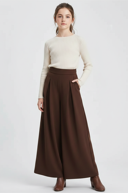 Pantalon Marron Large Plissé Taille Haute Élégant Femme - Polyester