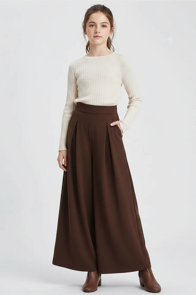 Pantalon Marron Large Plissé Taille Haute Élégant Femme - Polyester