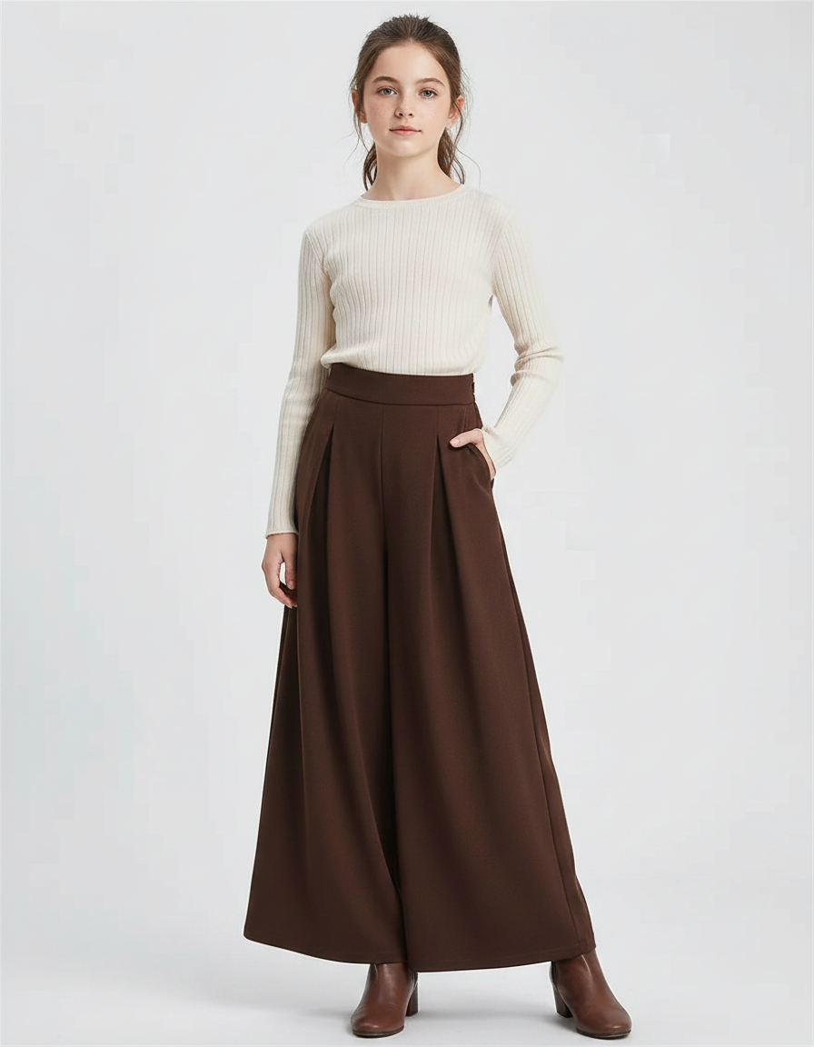 Pantalon Marron Large Plissé Taille Haute Élégant Femme - Polyester