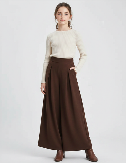 Pantalon Marron Large Plissé Taille Haute Élégant Femme - Polyester