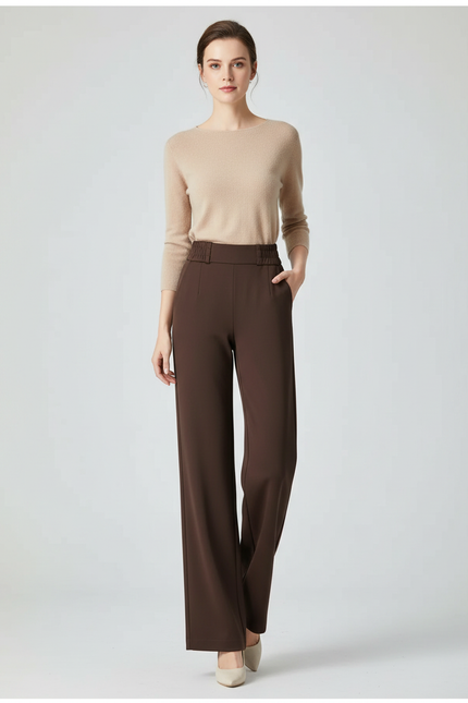 Pantalon Marron Fluide Taille Haute Élégant Femme - Polyester