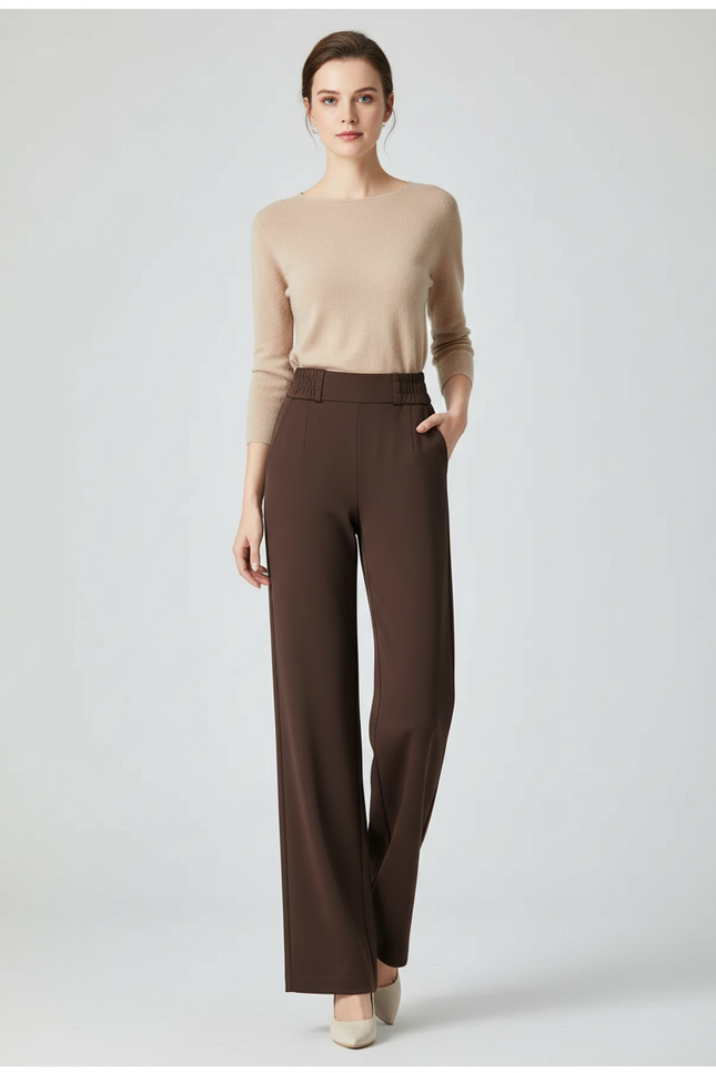 Pantalon Marron Fluide Taille Haute Élégant Femme - Polyester