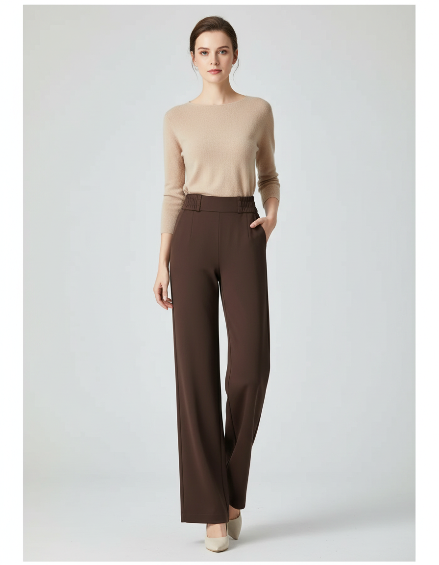 Pantalon Marron Fluide Taille Haute Élégant Femme - Polyester