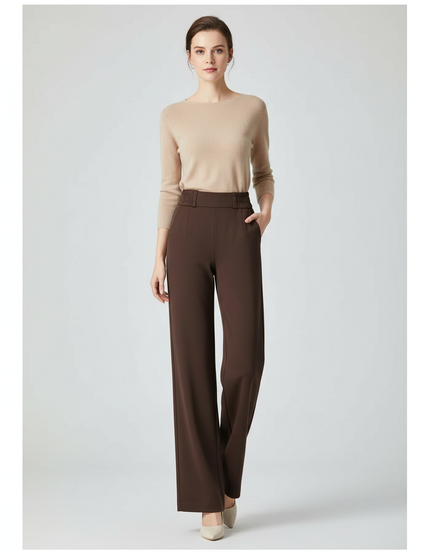 Pantalon Marron Fluide Taille Haute Élégant Femme - Polyester