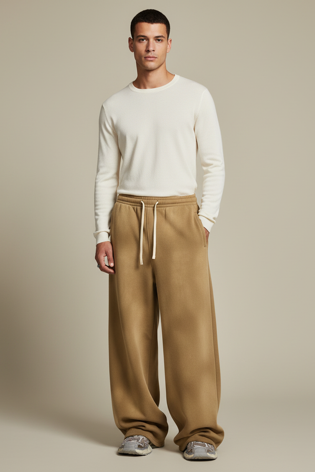 Pantalon Marron Ample Molletonné Décontracté Unisexe Cordon - Camel