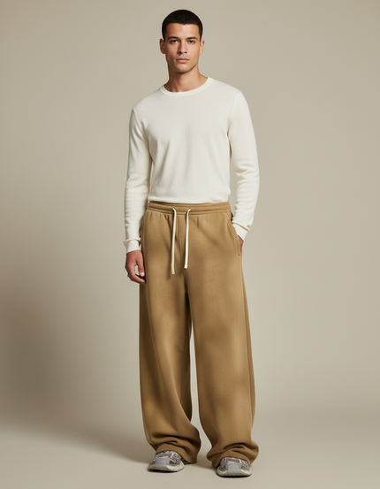 Pantalon Marron Ample Molletonné Décontracté Unisexe Cordon - Camel