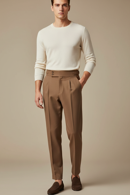 Pantalon Marron Homme Plissé Taille Haute Élégant - Gabardine