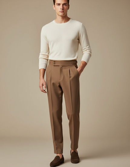 Pantalon Marron Homme Plissé Taille Haute Élégant - Gabardine