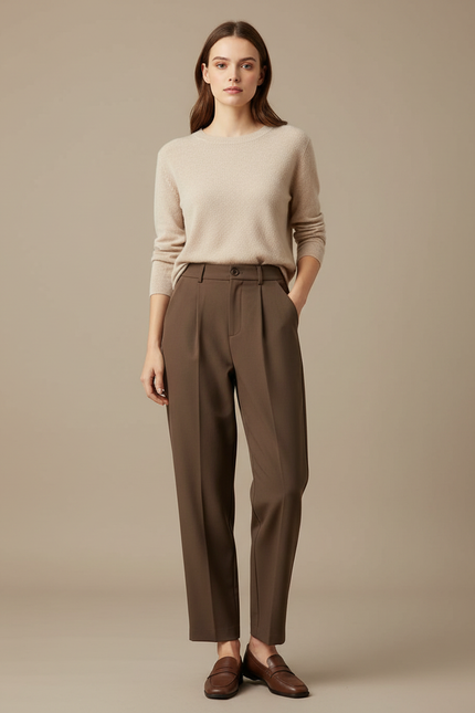 Pantalon Marron Plissé Fluide Décontracté Élégant Femme - Polyester