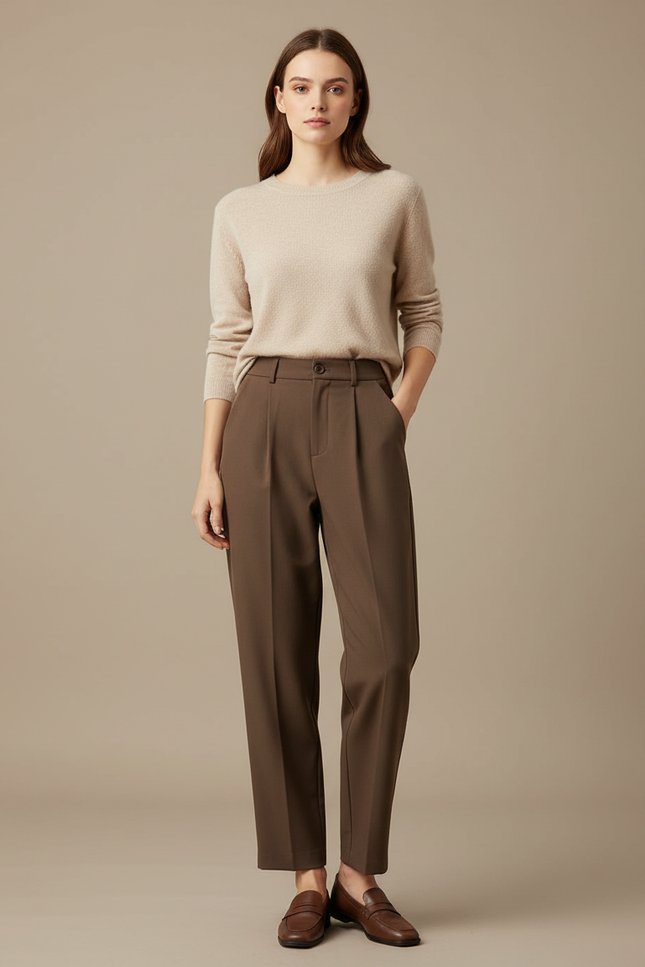 Pantalon Marron Plissé Fluide Décontracté Élégant Femme - Polyester