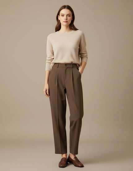 Pantalon Marron Plissé Fluide Décontracté Élégant Femme - Polyester