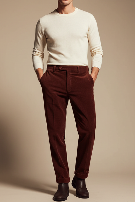 Pantalon Marron Côtelé Coupe Droite Élégant Homme - Bordeaux Cordé