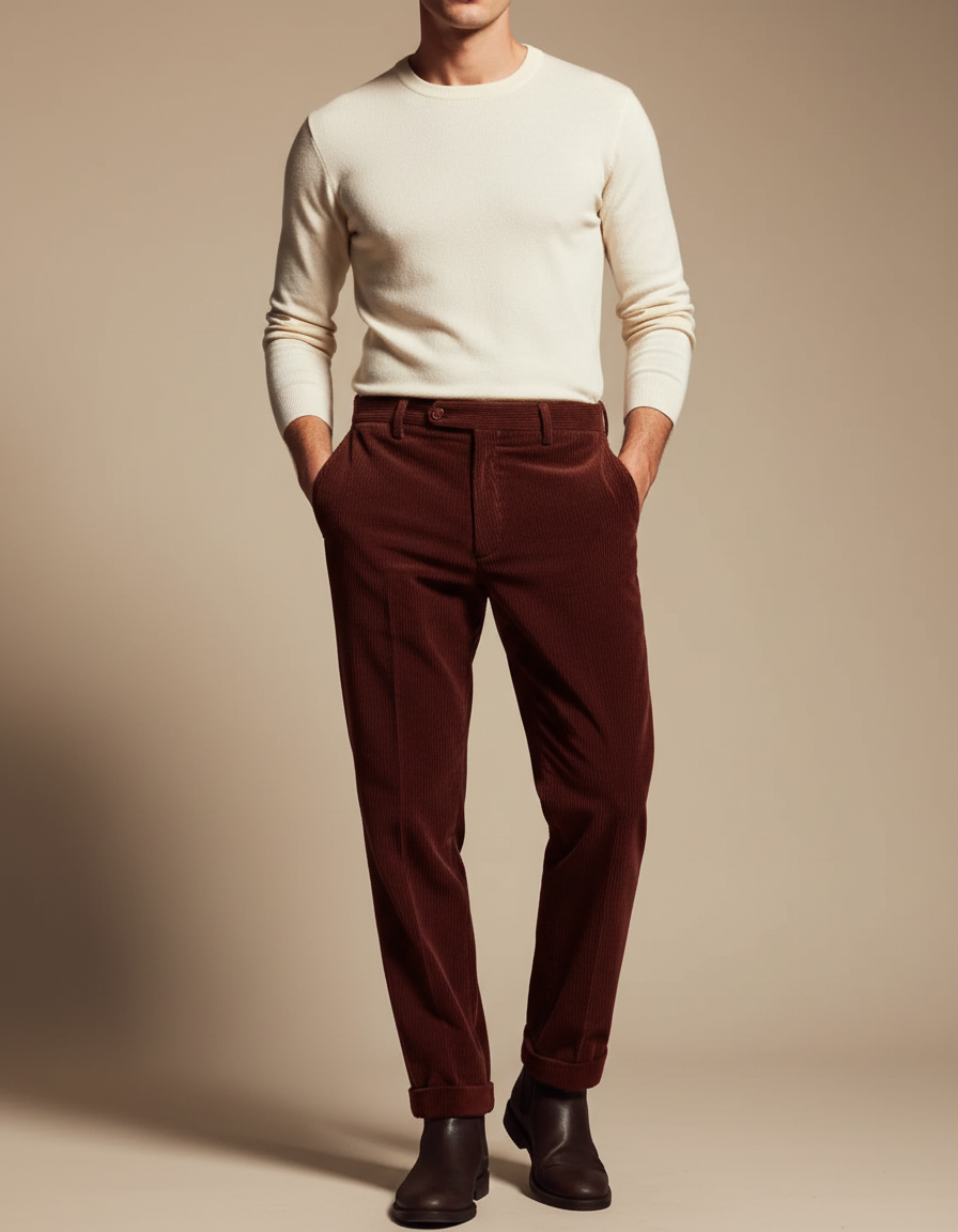 Pantalon Marron Côtelé Coupe Droite Élégant Homme - Bordeaux Cordé