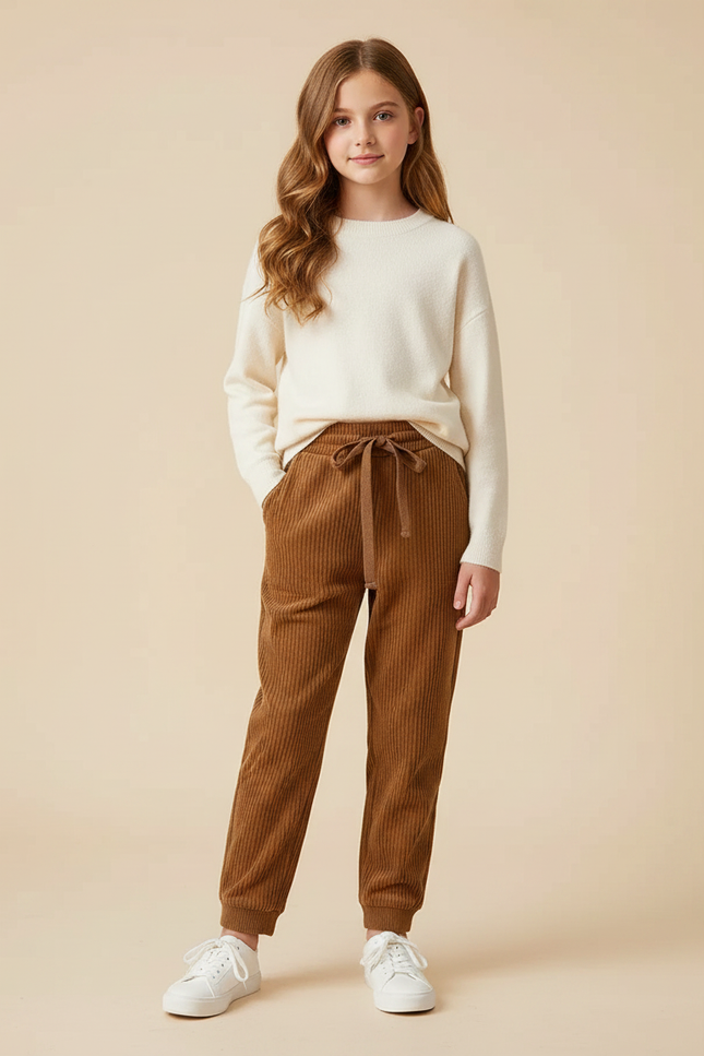 Pantalon Marron Côtelé Enfant Ample Décontracté Jogger - Cordé