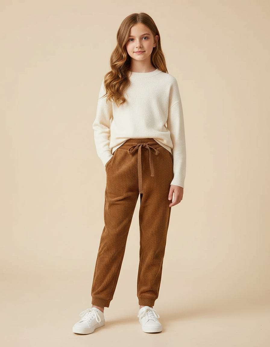 Pantalon Marron Côtelé Enfant Ample Décontracté Jogger - Cordé