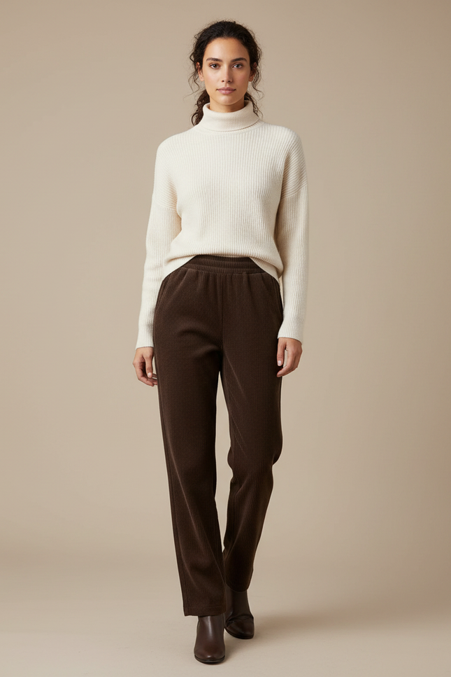 Pantalon Marron Velours Côtelé Ample Décontracté Élastique - Cordé