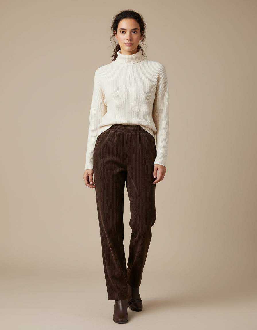 Pantalon Marron Velours Côtelé Ample Décontracté Élastique - Cordé