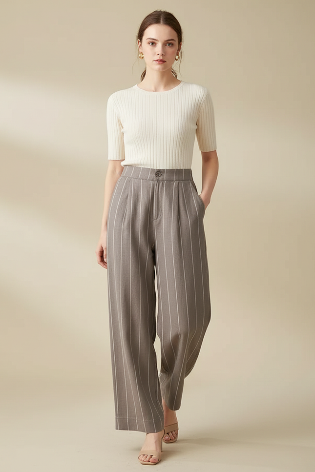 Pantalon Marron Rayé Ample Taille Haute Décontracté - Laine