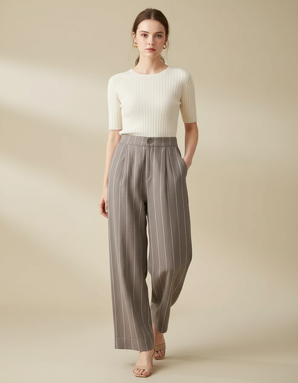 Pantalon Marron Rayé Ample Taille Haute Décontracté - Laine