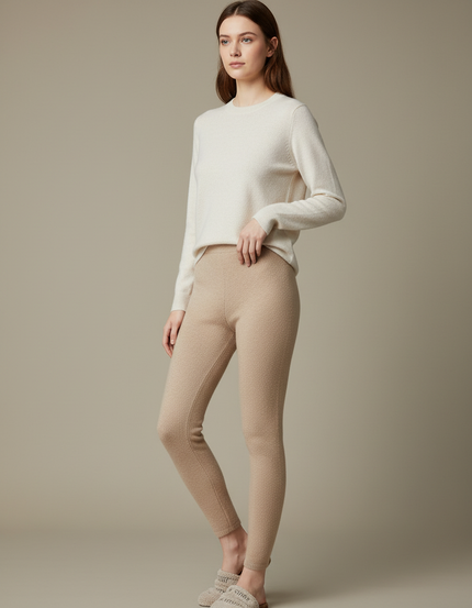 Pantalon Marron Cachemire Tricoté Slim Femme - Camel Laine