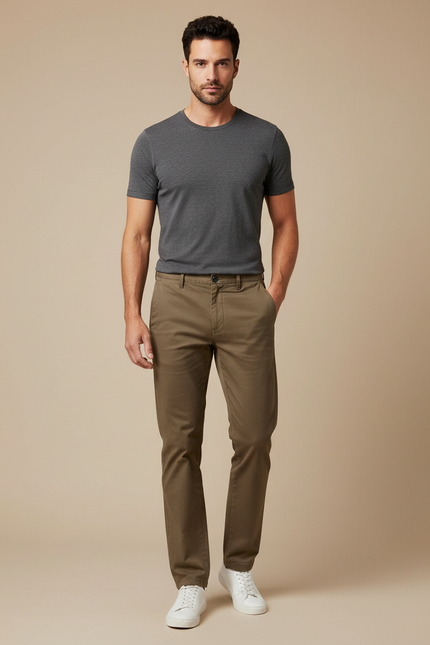Pantalon Marron Homme Coton Droit Décontracté Léger - Kaki