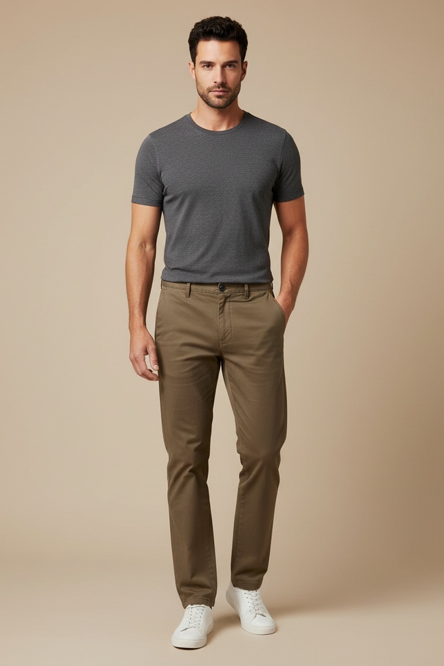 Pantalon Marron Homme Coton Droit Décontracté Léger - Kaki