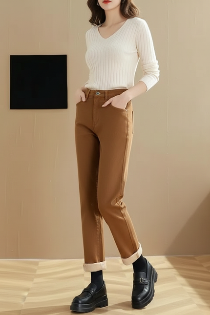 Pantalon Marron Droit Taille Haute Décontracté Velours