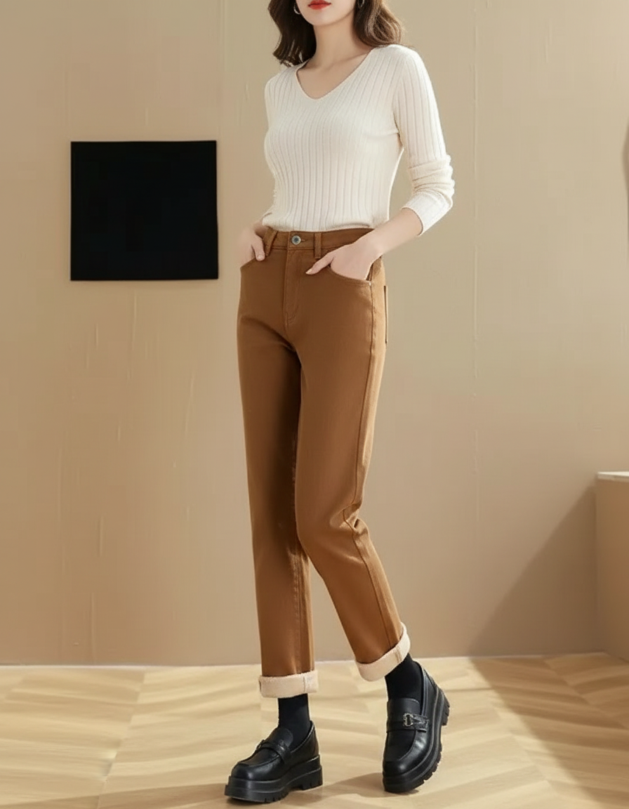 Pantalon Marron Droit Taille Haute Décontracté Velours
