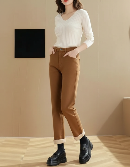 Pantalon Marron Droit Taille Haute Décontracté Velours
