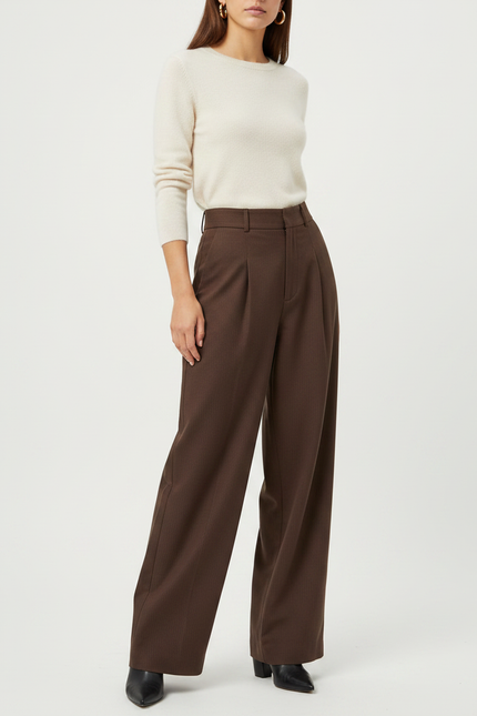 Pantalon Marron Ample Taille Haute Plissé Rayé - Laine