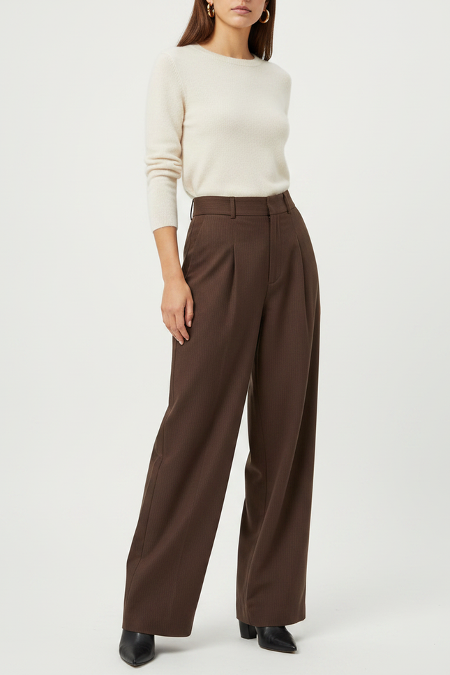Pantalon Marron Ample Taille Haute Plissé Rayé - Laine