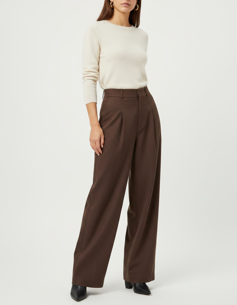 Pantalon Marron Ample Taille Haute Plissé Rayé - Laine
