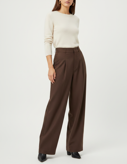 Pantalon Marron Ample Taille Haute Plissé Rayé - Laine