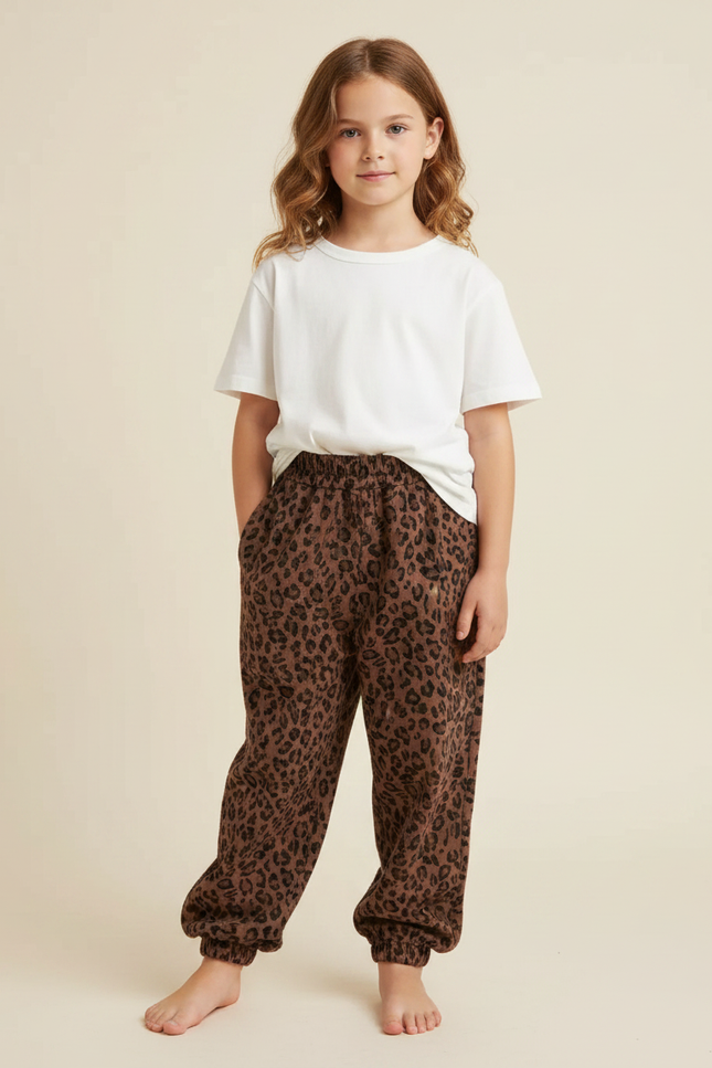 Pantalon Marron Léopard Ample Confortable Fille - Molleton