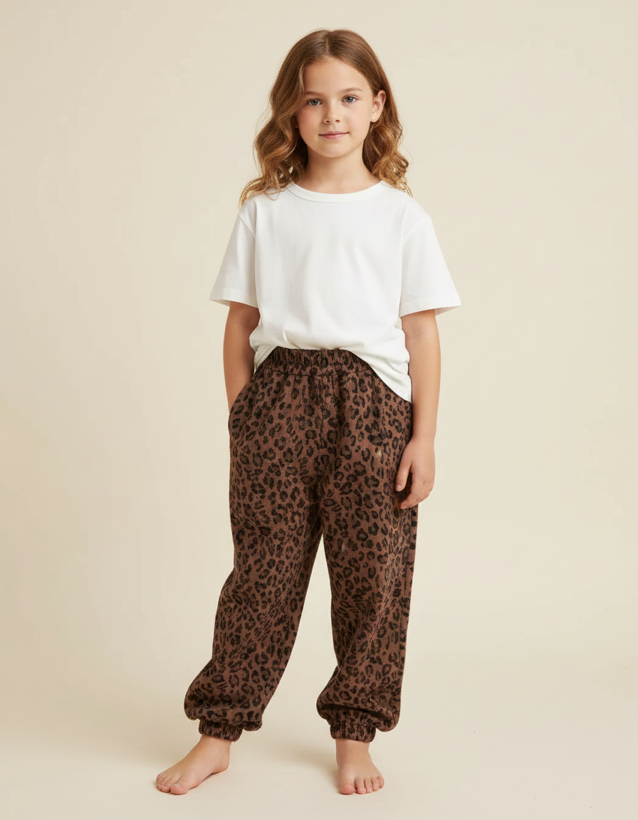 Pantalon Marron Léopard Ample Confortable Fille - Molleton