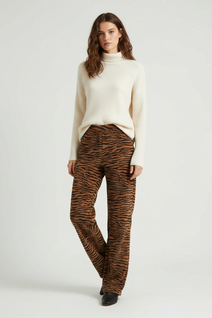 Pantalon Marron Tigré Taille Haute Ample Évasé - Molleton