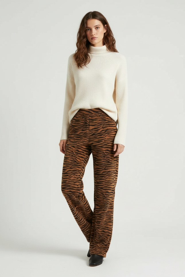 Pantalon Marron Tigré Taille Haute Ample Évasé - Molleton